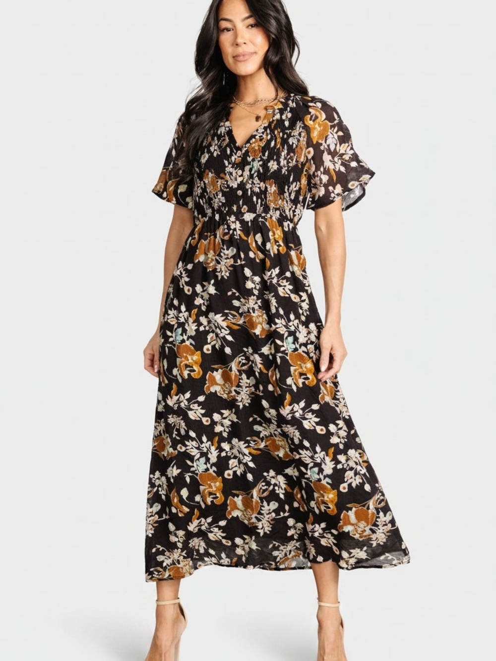 Black Floral Midi Dress with Mustard Accents